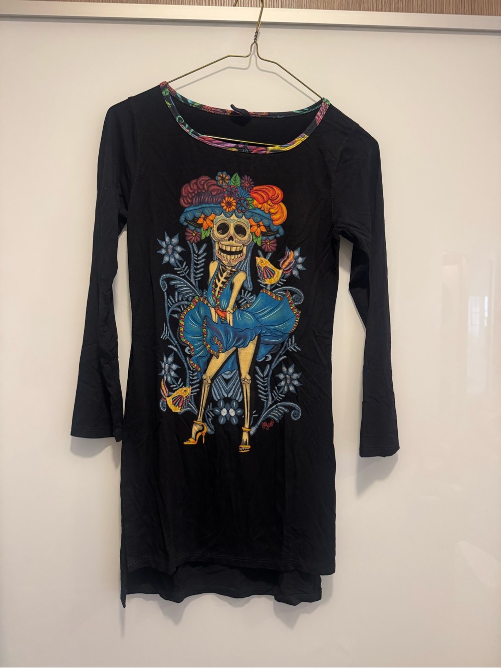 Black Long-Sleeve Tee with Colorful Day of the Dead Skeleton Print